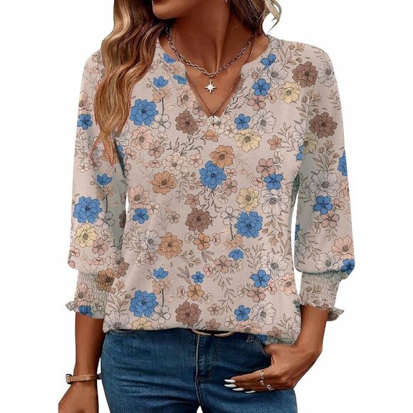 Tops - Women’s Floral V Neck Blouse 3/4 Sleeve Ruffle Cuffs Casual Top Small